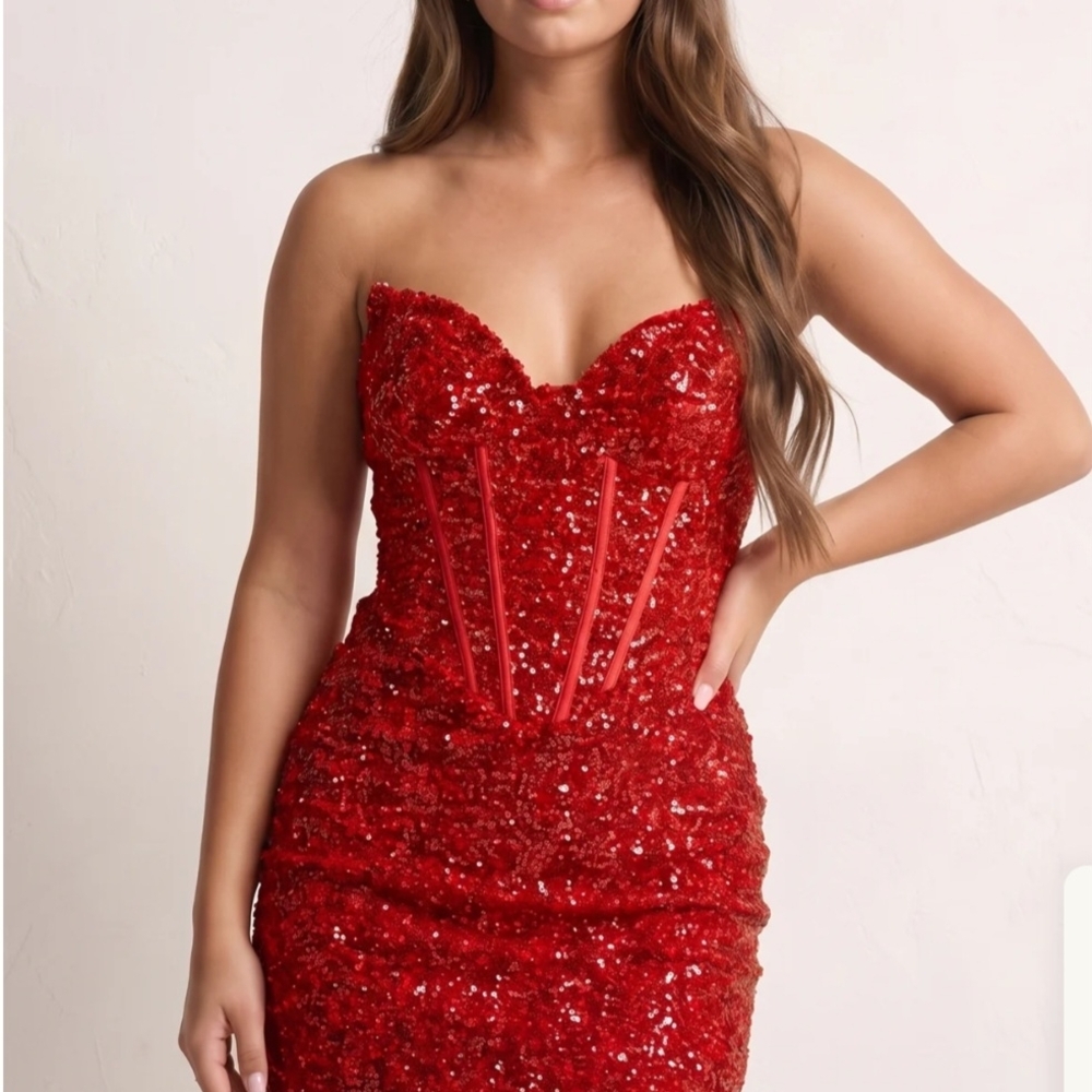 Strapless Red Sequin Corset Dress